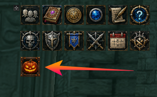 Main-screen pumpkin event button, marked by a red arrow.