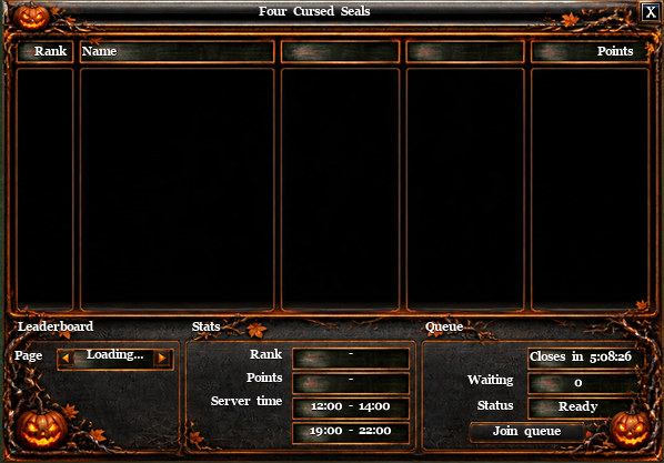 Four Cursed Seals window with the Join queue button at the bottom right.