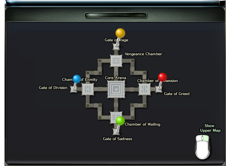 Four team starting points: yellow at Gate of Rage, blue at Gate of Division, red at Gate of Greed, and green at Gate of Sadness.